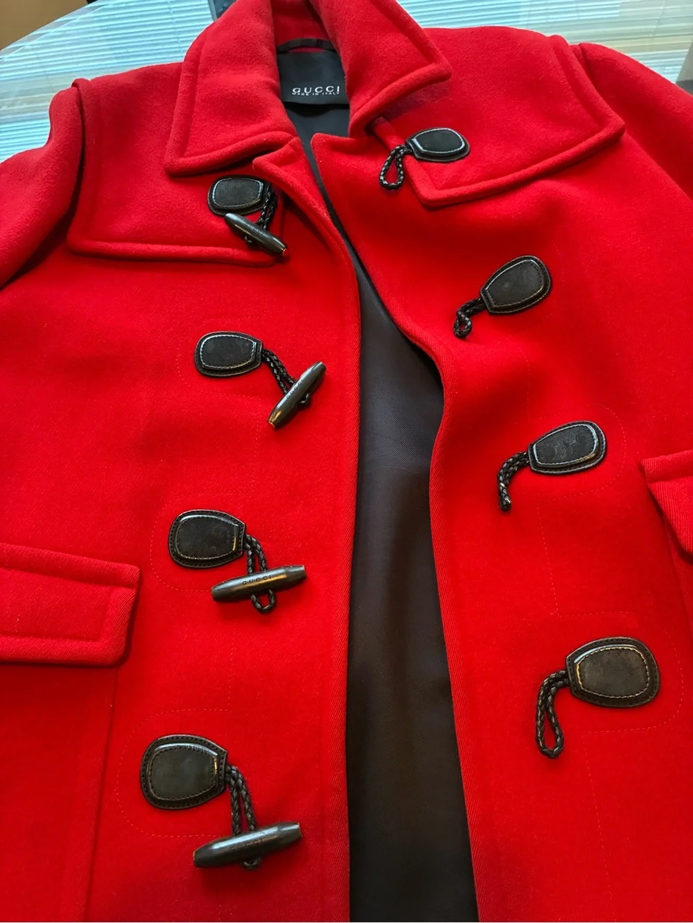 Gucci Red Wool-Blend Coat with Black Toggle Accents